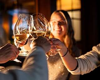 Mehrere Personen stoßen mit Weingläsern in einem festlichen Ambiente an.