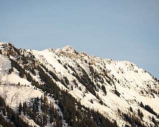 Berg mit Schnee und Nadelbäumen unter klarem Himmel.