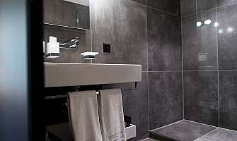 Elegant bathroom with sink and towels.