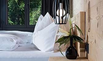 A stylish bedroom with cushions, lamp, and flowers.