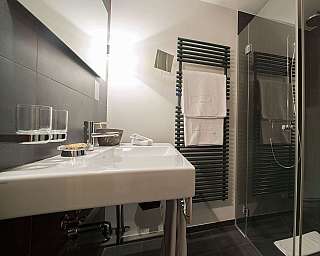 Elegant bathroom with sink, shower and towels.