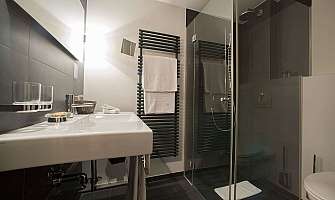 Elegant bathroom with sink, shower and towels.